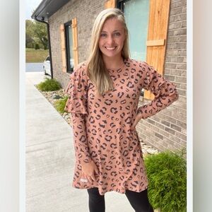 Simply Southern leopard print dress with long ruffled sleeves size small.